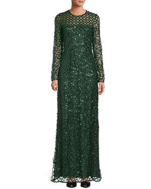 Monique Lhuillier Aimee Sequined Lattice Long-Sleeve Gown - Green