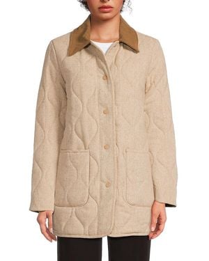 Ellen Tracy Chevron Faux Wool Quilted Coat - Natural