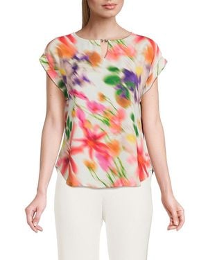 Halston Floral Keyhole Blouse - Red