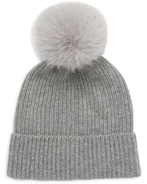 Saks Fifth Avenue Faux Fur Pom Pom Cashmere Beanie - Gray