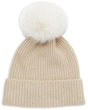 Saks Fifth Avenue Faux Fur Pom Pom Cashmere Beanie - White