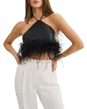 Lamarque Aissa Feather Trim Leather Crop Top - Black