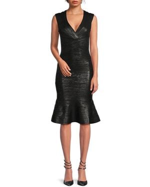 Hervé Léger Sophie Metallic Bandage Midi Trumpet Dress - Natural