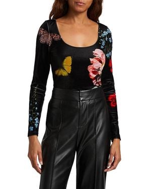 Alice + Olivia Delania Printed Scoopneck Long-Sleeve Top - Black