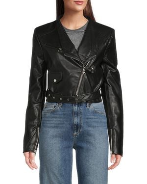 RTA Faux Leather Cropped Biker Jacket - Black