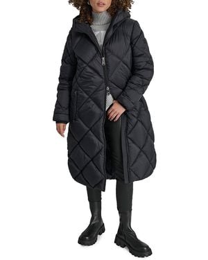 DKNY Missy Diamond Quilted Longline Puffer Coat - Black