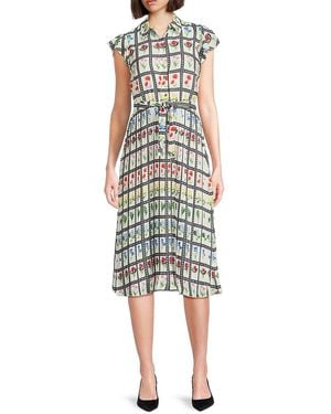 Tahari Floral-Grid Flutter-Sleeve Midi-Dress - Multicolour