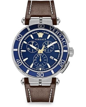 Versace Stainless Steel & Guilloché Dial Leather Strap Watch/45Mm - Blue