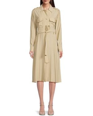 Halston Shoulder Tab Belted Midi-Dress - Natural