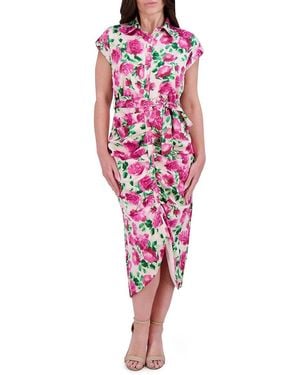 Kensie Floral Ruched Midi Shirtdress - Red