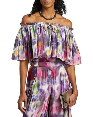 Kobi Halperin Vesey Floral Metallic-Satin Off-The-Shoulder Blouse - Purple