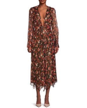 Ramy Brook Tatia Floral Metallic Silk Twist Midi-Dress - Brown