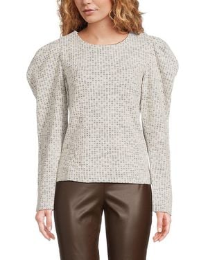 Lea & Viola Boucle Puff Sleeve Tweed Top - Grey