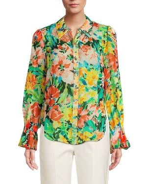 MILLY Lacy Garden Floral Puff Sleeve Silk Shirt - Green