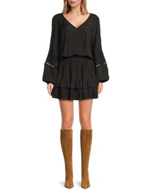 Ramy Brook Tiered Long-Sleeve V-Neck Minidress - Black