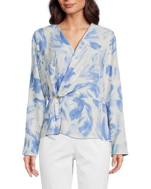 Halston Printed Draped Wrap Blouse - Blue