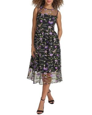 Kensie Floral Embroidered Mesh Fit & Flare Midi Dress - Black