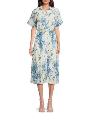 Wdny Tropical Printed Belted Midi Shirtdress - Blue