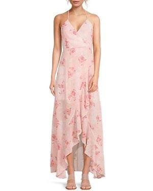 Lea & Viola Long Flowy Floral Ruffle High-Low Gown - Pink
