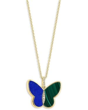 Effy 14K, 0.04 Tcw Diamond, Lapis Lazuli & Malachite Butterfly Pendant Necklace - White