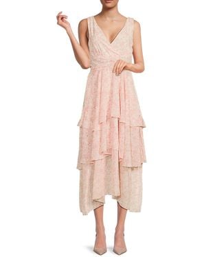 Lea & Viola Tiered Ruffle Floral Midi-Dress - Pink