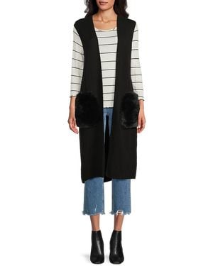 Saks Fifth Avenue Faux Fur Trim Open Front Cardigan - Black