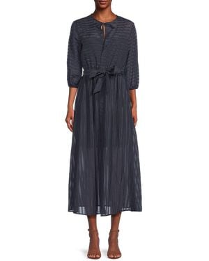 Halston Burnout Striped Belted Midi-Dress - Blue