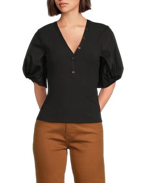 10 Crosby Derek Lam Mixed-Media Puff-Sleeve Top - Black