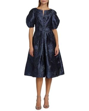 Teri Jon Metallic Puff Sleeve Cocktail Dress - Blue