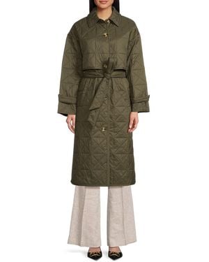 DKNY Quilted & Belted Longline Coat - Green