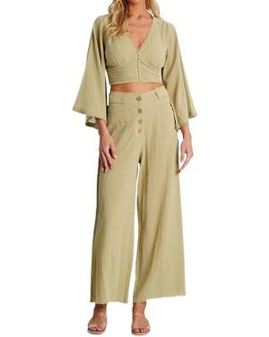 La Moda Clothing Textured Button-Front Two-Piece Pant Set - Yellow