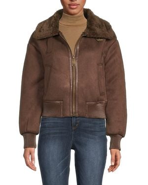 Noize Faux Suede & Faux Shearling Zip Jacket - Brown