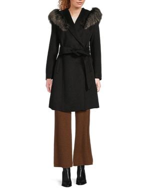 Cole Haan Faux Fur-Trim Wool-Blend Wrap Coat - Black