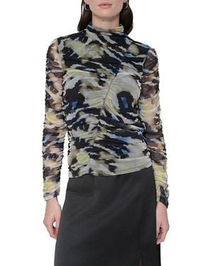 DKNY Printed Ruched Mesh Top - Grey