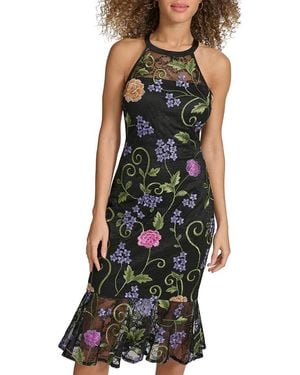 Siena Jewelry Floral Embroidered Mesh Midi-Dress - Black
