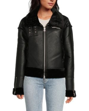 Hudson Jeans Faux Fur Trim Faux Leather Jacket - Black