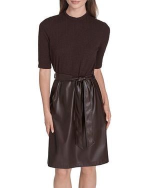 Halston Crinkled Ribbed Faux Leather Belted Sheath Dress - Black