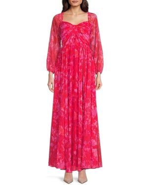 Monique Lhuillier Emery Printed Chiffon Long-Sleeve Gown - Red