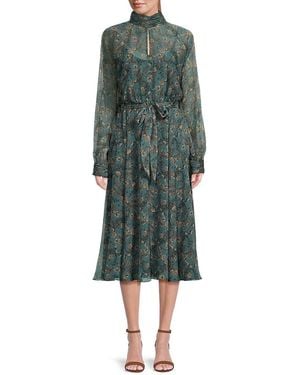 Mikael Aghal Floral Belted Midi Dress - Green