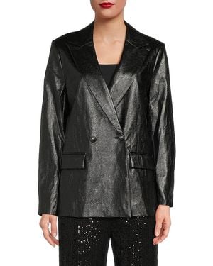 Ramy Brook Peak Lapel Faux Leather Double Breasted Blazer - Black