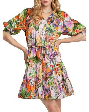 Robert Graham Sydney Palm Tiered Puff-Sleeve Minidress