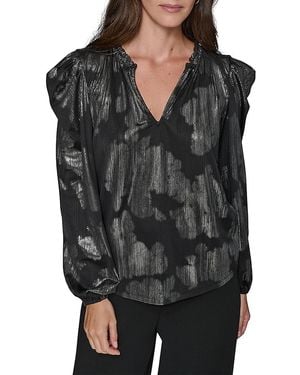 Karl Lagerfeld Luxe V-Neck Metallic Print Long-Sleeve Top - Black