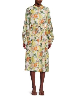 Mikael Aghal Floral Belted Long-Sleeve Midi-Dress - Yellow