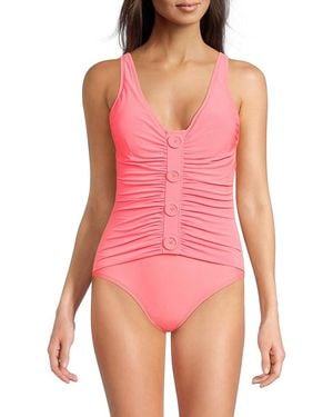 Beyond Control Button-Front V-Neck One-Piece Swimsuit - Pink