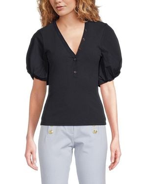 10 Crosby Derek Lam Mixed-Media Puff-Sleeve Top - Black