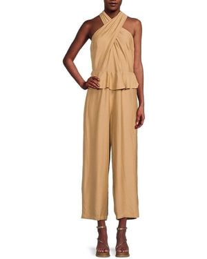 Tommy Hilfiger Twist-Front Halter Peplum Cropped Wide-Leg Jumpsuit - Natural