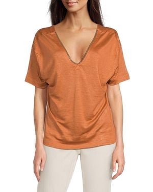 Brunello Cucinelli Linen-Silk V-Neck Top - Orange