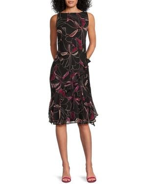 DKNY Floral-Print Ruffle-Hem Midi-Dress - Black