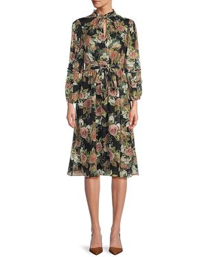 Mikael Aghal Floral Belted Midi-Dress - Green