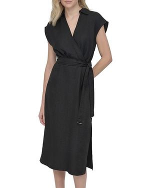 DKNY Textured Sleeveless Surplice Midi Shirtdress - Black